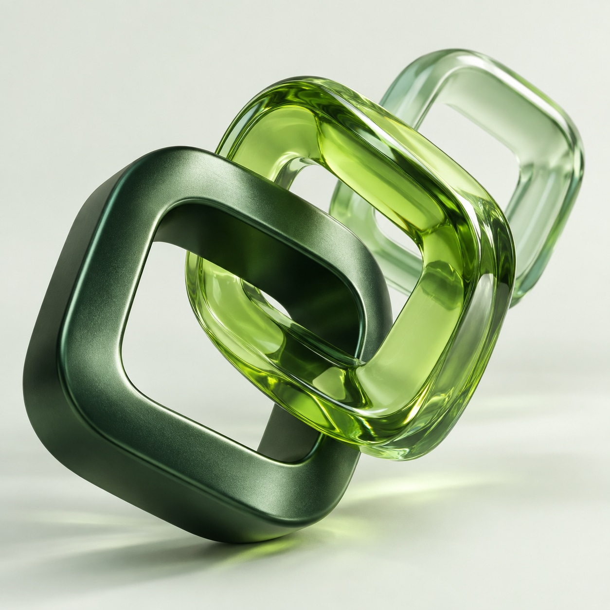 Interlocking green and glass loops representing connected business systems